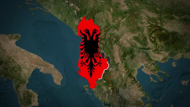 Albania Flag Map Animation, Zoom From Space to Albania, Europe Country Location Map, Balkan Nation on Realistic Terrain Background