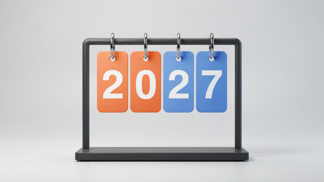 Minimalist three dimensional desk calendar with rectangular tags with four hanging rectangular, white bold typography, tags