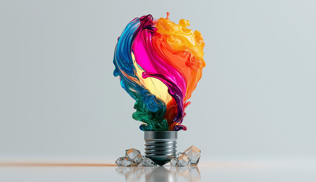 Creative lightbulb with dynamic colorful paint splash representing innovation