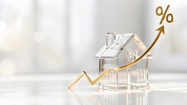 Glass house model with an upward golden arrow and percentage sign. Concept of real estate market growth, property investment, and mortgage interest.