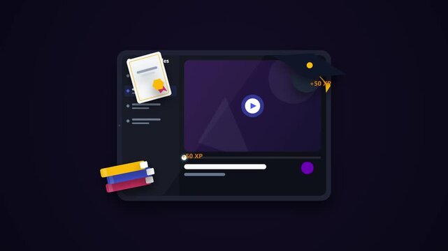 Digital learning platform interface with video player and graduation certificate icon.