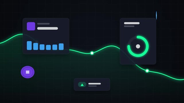 Modern digital dashboard interface with glowing green data charts and analytics on dark background.