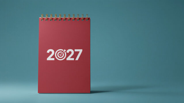 Red 2027 spiral bound desk calendar with set against solid teal background target icon replacing vertical red professional development success