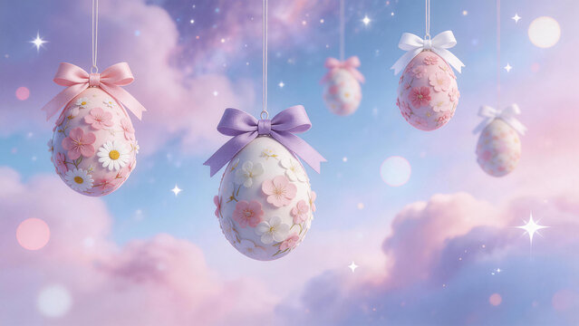 Decorated Easter eggs hanging in sky
