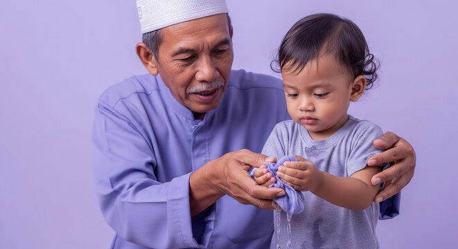 Caring senior Muslim grandfather teaching his young grandson how to perform wudu or wash hands with a wet cloth on a purple background.
