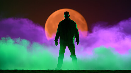 Obraz premium Halloween zombie silhouette beneath orange full moon with neon green and purple fog