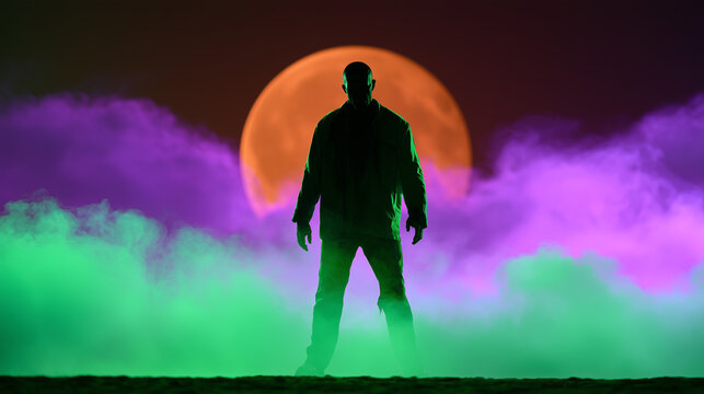Halloween zombie silhouette beneath orange full moon with neon green and purple fog
