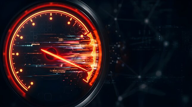 Glowing speedometer gauge showing high speed performance on dark background