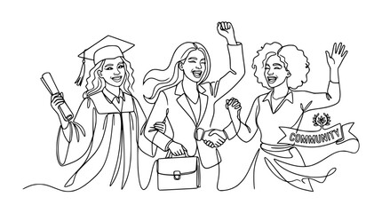 Obraz premium Diverse women celebrating graduation and career success, line art
