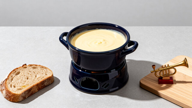 Ceramic cheese fondue pot with melted cheese, bread and carved alphorn, cozy dining concept