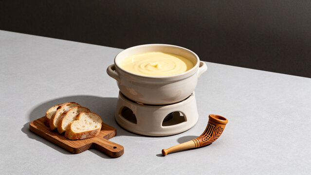Ceramic cheese fondue pot with melted cheese, bread and carved alphorn, cozy dining concept