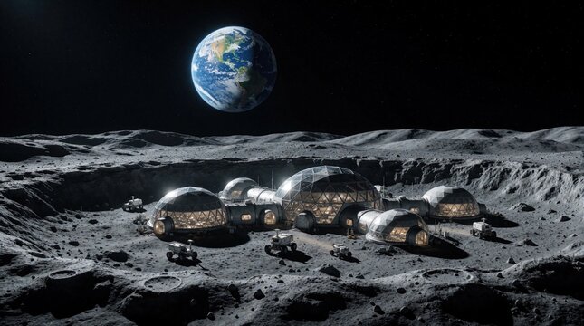 Futuristic moon base with geodesic domes located in lunar crater. Rovers park near space habitat under dark sky. Earth planet shines above rocky ground landscape. Science fiction station settlement