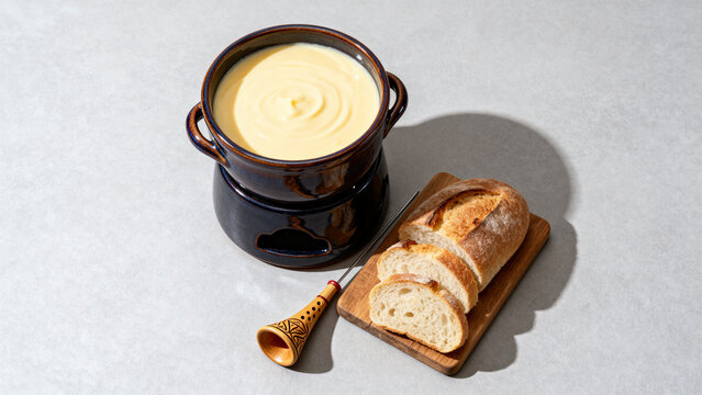 Ceramic cheese fondue pot with melted cheese, bread and carved alphorn, cozy dining concept