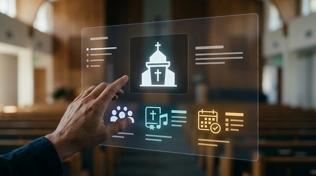 Modern Digital Church Interface Concept with Person Pointing at Transparent Screen Featuring Ministry Icons for Worship Events and Biblical Study