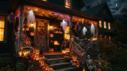 Obraz premium Spooky Halloween house porch with glowing jack-o-lanterns, haunted home exterior with ghosts and cobwebs, festive autumn night decorations