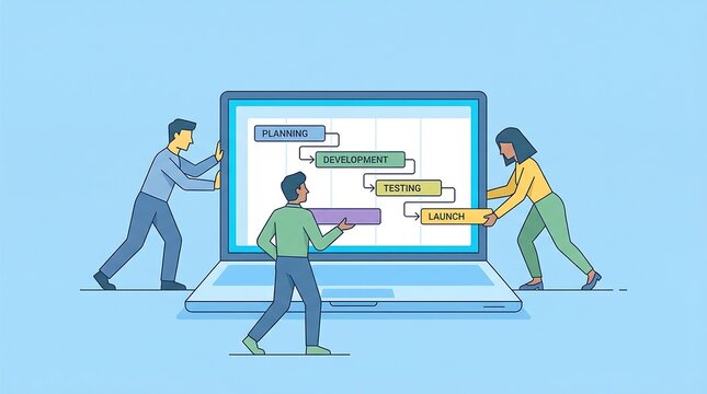 Team of professionals working together to build a project development process on a large laptop screen