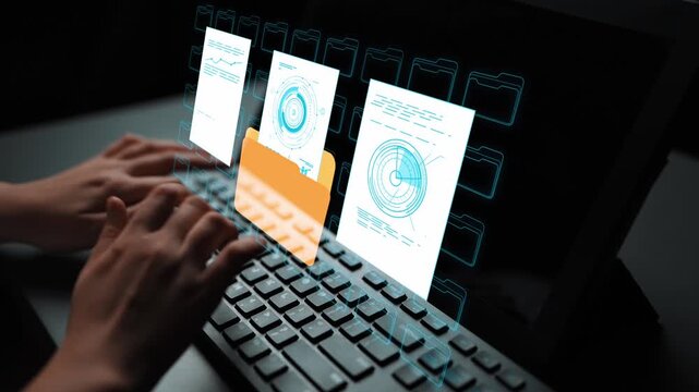 Person Engaging with Modern Technology in Digital Workspace with Virtual Files and Documents on Computer Screen. Entropy.