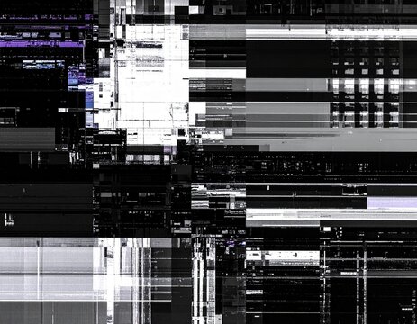 デジタルグリッチと静電気ノイズの抽象背景、画面バグや走査線エフェクトのあるサイバーパンク風テクスチャ　Abstract digital glitch and static noise texture, screen error and scanline effect background for graphic design