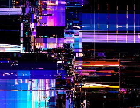 デジタルグリッチと静電気ノイズの抽象背景、画面バグや走査線エフェクトのあるサイバーパンク風テクスチャ　Abstract digital glitch and static noise texture, screen error and scanline effect background for graphic design
