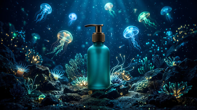 A teal cosmetic bottle stands among glowing jellyfish and deep ocean flora