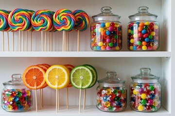 Fototapeta premium Colorful lollipops, glass jars filled with assorted sweets sit on white shelves. Brightly colored sugar treats, fruit shaped candies create fun dessert display in candy shop. Sweet confectionery