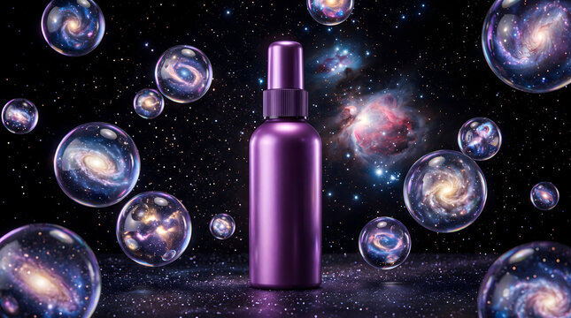 Purple cosmetic bottle surrounded by floating glass spheres containing glowing galaxies