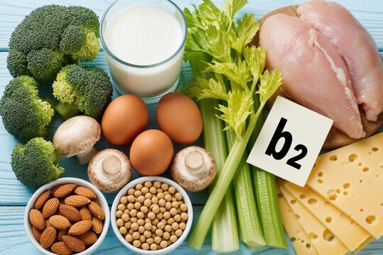Assorted healthy food ingredients rich in vitamin B2. Fresh broccoli, eggs, chicken breast, mushrooms, celery, almonds, soy, cheese, milk arranged on blue wooden table. Nutritious diet concept for