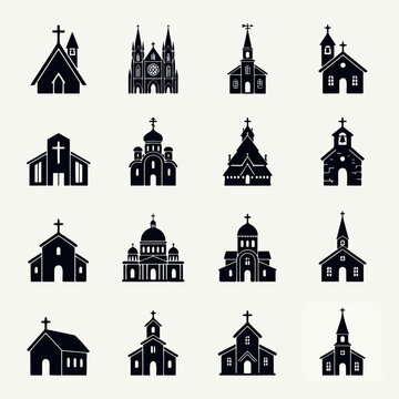 Church building icon set. Collection of religious architecture and cathedral silhouettes.