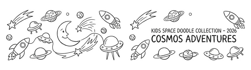 Kids Space Doodle Collection 2026 Cosmos Adventures with Rocket UFO Planet and Star Illustrations © Harnasa_Bila