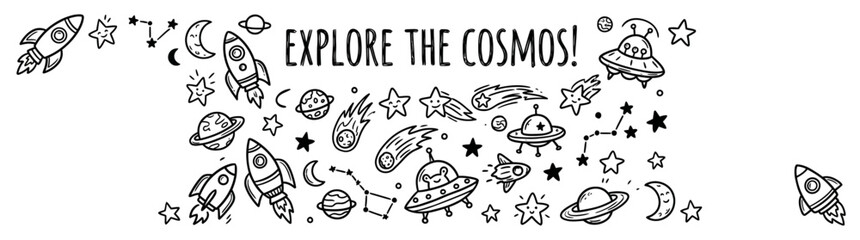 Kids Space Doodle Collection 2026 with Rocket Ships, Planets, and UFOs for Cosmos Exploration © Harnasa_Bila