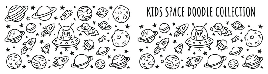 Hand Drawn Kids Space Doodle Collection 2026 with Planets Rockets Stars and Alien UFO Vector Set © Harnasa_Bila