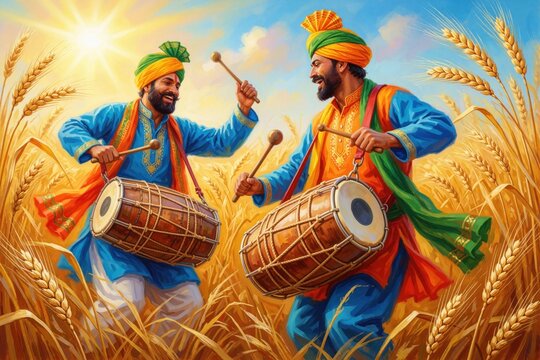 Two happy punjabi men dance, play dhol drums in golden wheat field. People wear traditional colorful clothes, turbans during outdoor Baisakhi festival celebration under sunny sky. Rural folk