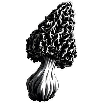 Detailed illustration of a morel mushroom in black and white, featuring intricate textures and shading