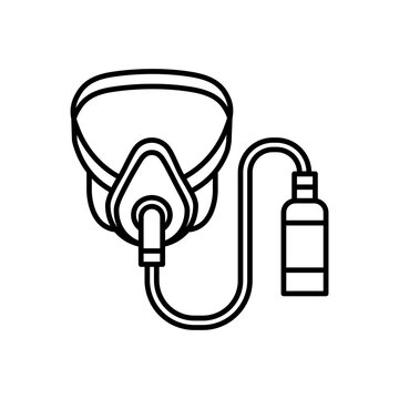 Minimalist line icon featuring an oxygen mask connected to a medical oxygen tank, representing breathing support, respiratory therapy, CPAP treatment, and pulmonary care for seniors.