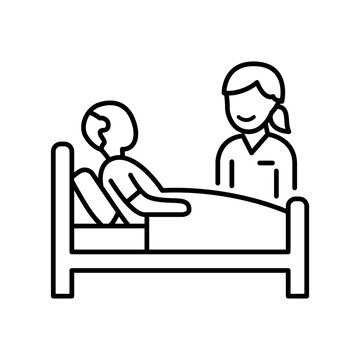 Minimalist line icon depicting a bedridden senior patient with a thermometer being attended by a nurse, representing post-surgical recovery, bedside care, and inpatient monitoring.