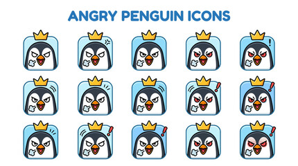 Fototapeta premium Angry Penguin Icons - Set of 15 Expressions and Emotions