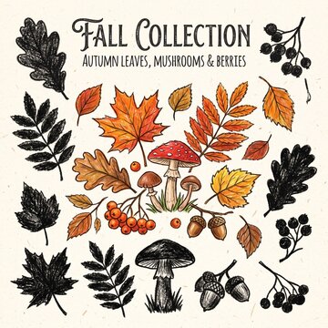 Hand drawn autumn leaves, mushroom and berries with crayon texture. Fall collection with black charcoal silhouettes of oak, rowan and maple leaves, acorn and mushroom, vector illustration
