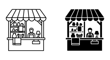 Fototapeta premium Market Stall Icons, Vendor Booth Vector Graphics, Retail Kiosk Illustrations, Shopping Stand Symbols