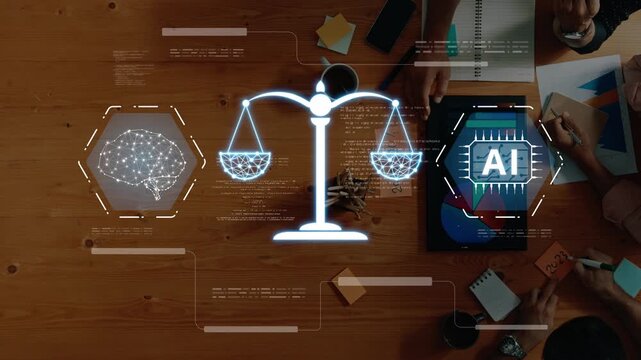 An overhead view of a collaborative workspace illustrates the intersection of artificial intelligence and law, featuring scales of justice among dynamic digital elements. Raster