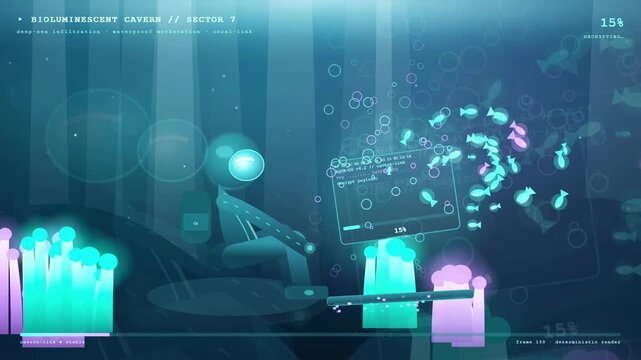 Futuristic Robot in Bioluminescent Cavern with Holographic Data Decryption Loading Animation