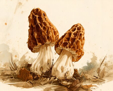 Two morel mushrooms in a whimsical watercolor style with earthy tones