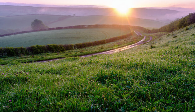 title": "Serene Countryside Landscape at Sunrise: Rolling Hills, Winding Road, and Dew-Kissed Grass", "description": "This captivating image captures the serene beauty of a countryside landscape at s