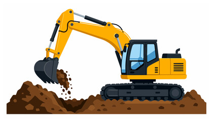 Yellow hydraulic excavator digging earth. © mbg.studio