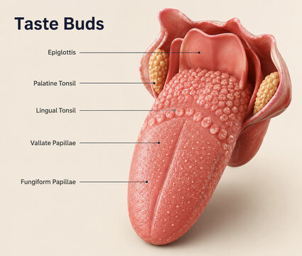 AI generated detailed medical anatomy illustration of human tongue taste buds papillae tonsils epiglottis for healthcare education clinical reference