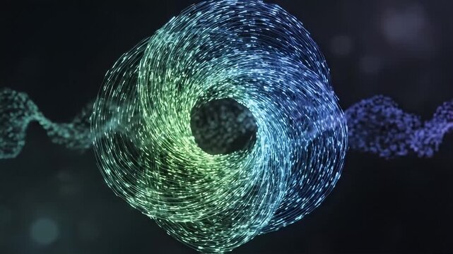 Swirling blue and purple particles form a torus shape with DNAlike strands