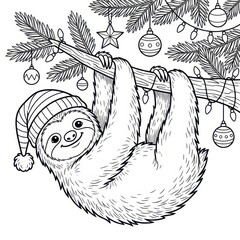 Fototapeta premium Sloth in Santa hat hanging on Christmas tree