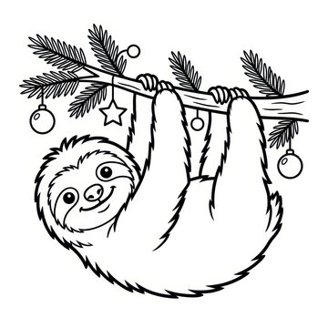Cute sloth hanging from Christmas tree branch
