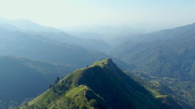 Mini Adam&rsquo;s Peak, Ella Sri Lanka, Drone Video Clip of Green Mountain Ridge and Misty Highland Valley, Scenic Hiking Viewpoint and Tropical Nature Travel Footage from Above