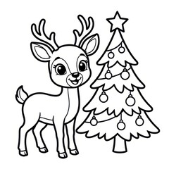 Obraz premium Cute reindeer and Christmas tree coloring page