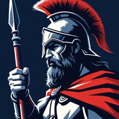 Obraz premium Bearded warrior in helmet holds spear. Red cape flows, stark graphic style. Ancient fighter side profile, determined look. Bold illustration art.